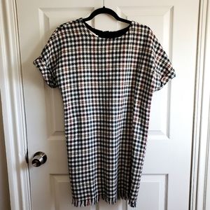 ZARA Wool Colorful Houndstooth Fringe Shift Dress